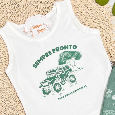 Conj. Regata Sempre Pronto Para Novas Aventuras e Bermuda - Off White e Verde